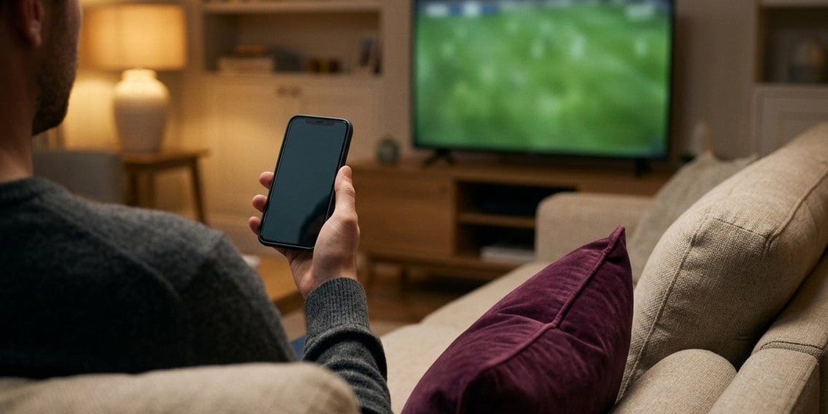 Person on a sofa holding a phone with a blank screen, a football match glowing on a blurred television in the background