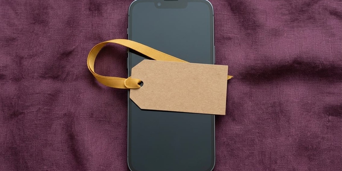 Blank brown gift tag on a mustard ribbon resting on a phone, on a plum linen tablecloth