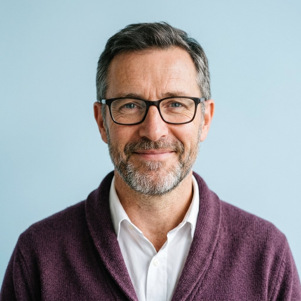 Portrait of Rhys Maddocks, a man in his early fifties with greying hair, a short beard and glasses, wearing a plum cardigan over a white shirt