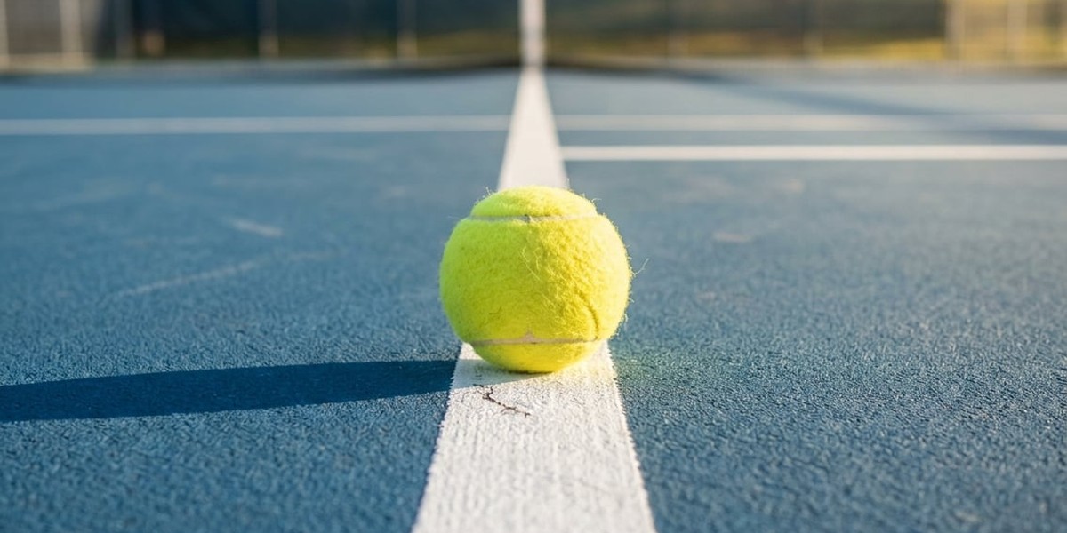 Tennis ball resting on the white line of a hard court in late afternoon sunshine, with a blurred net behind